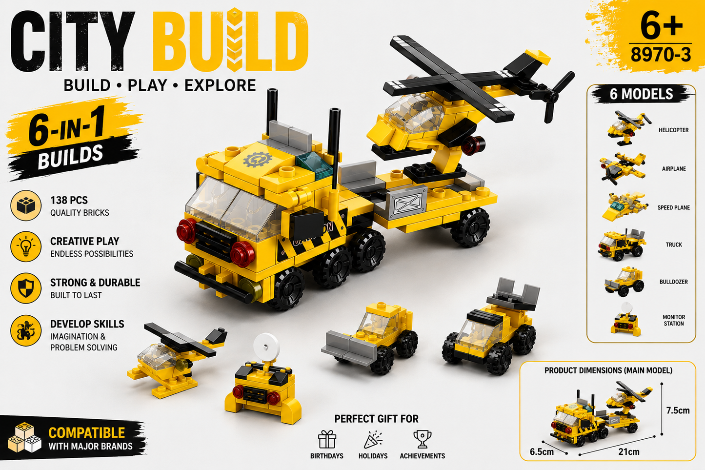 Jookids 6-in-1 City Build Construction Truck Building Blocks Set – 118 PCS Helicopter Carrier Toy for Kids 6+
