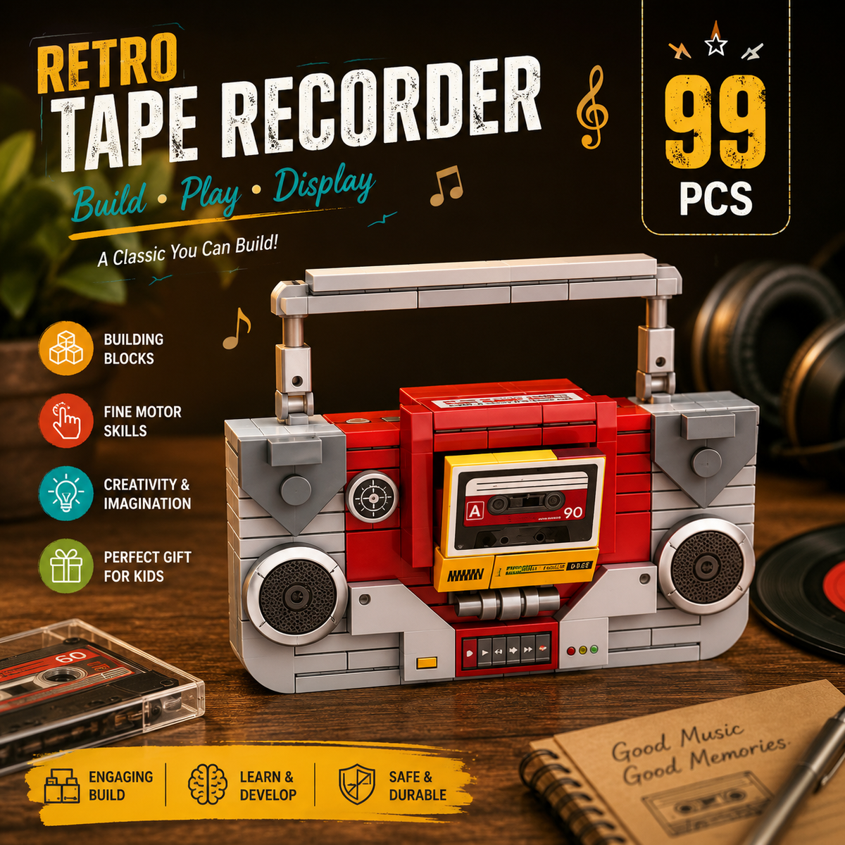 Jookids Tape Recorder Building Blocks 99 Pcs | Creative Mini Appliances Construction Toy | STEM Building Kit for Kids 6+