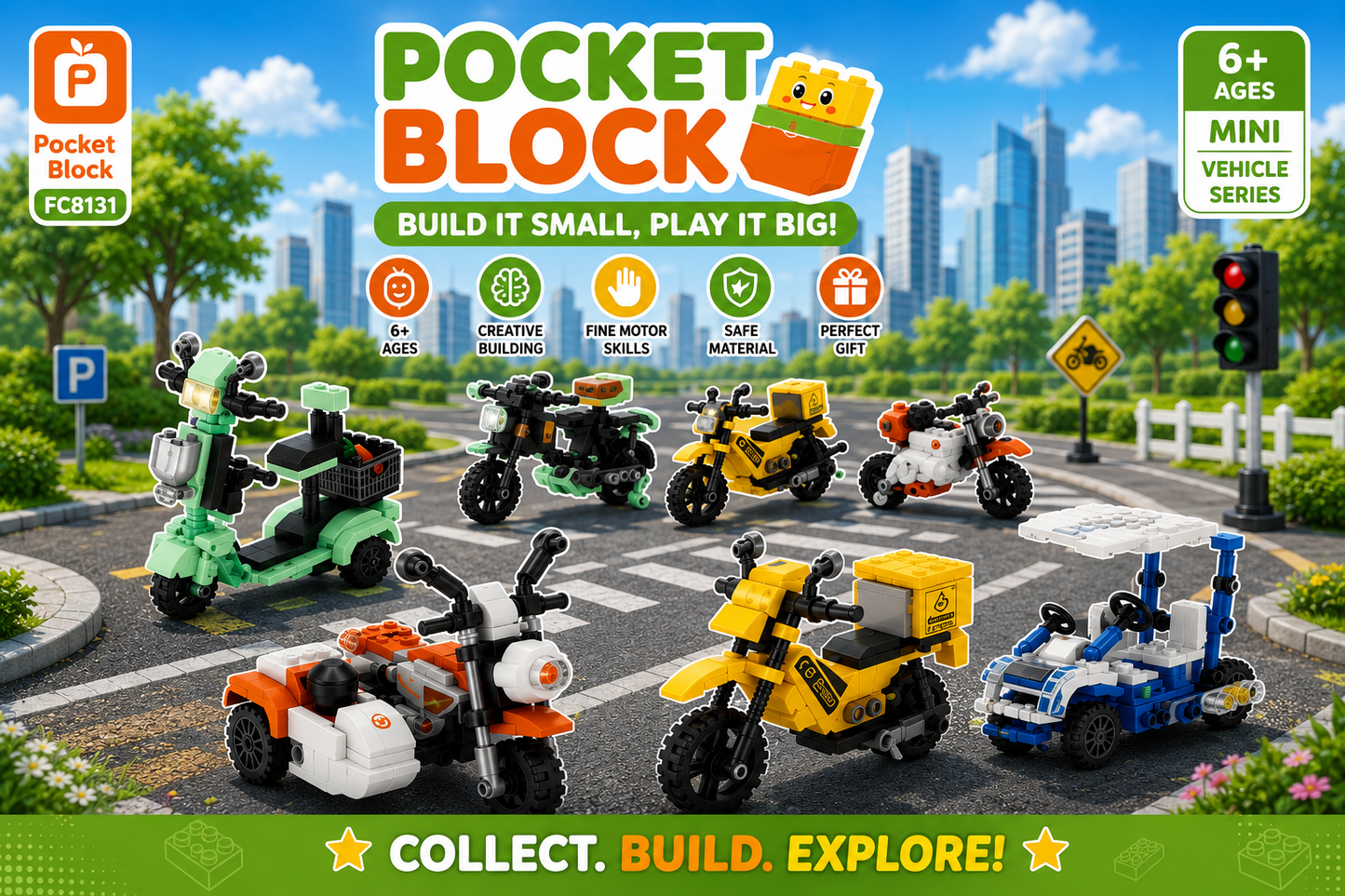 Jookids Pocket Block Mini Vehicle Building Blocks Collection | 8-in-1 STEM Toy Set