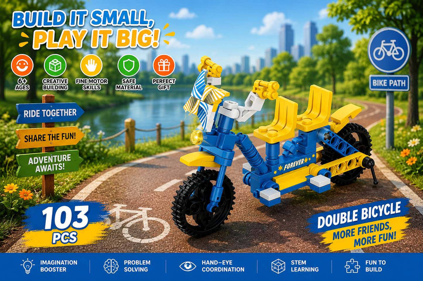 Jookids Mini Tandem Bicycle Building Blocks Set | 103 Pieces | STEM Toy for Kids 6+