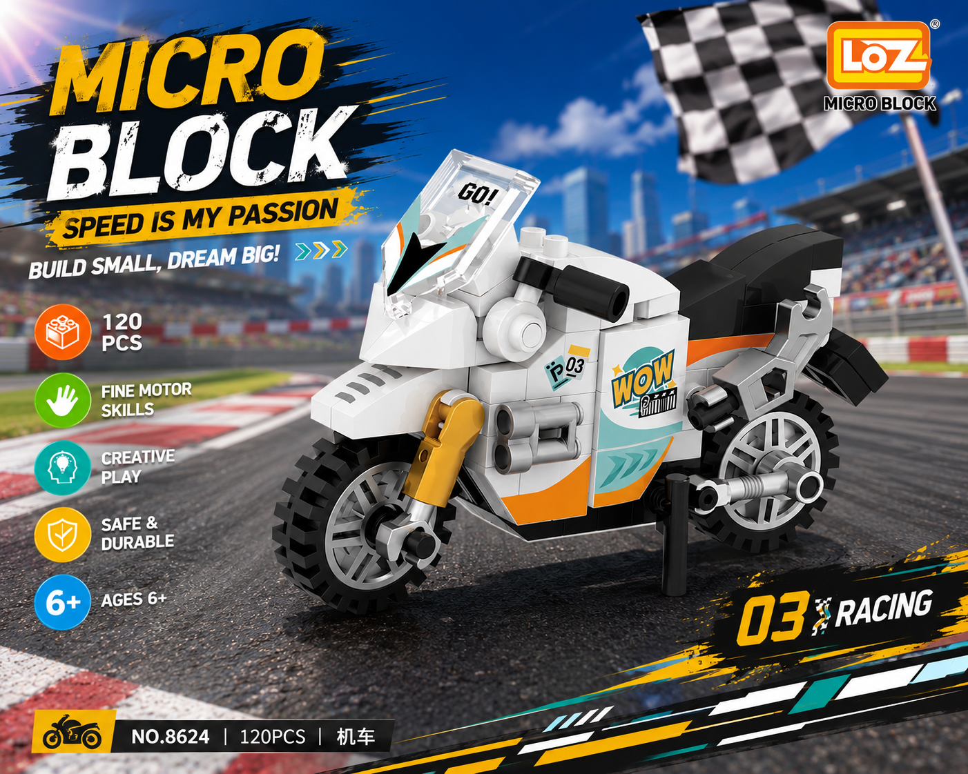 Jookids LOZ Mini Racing Motorcycle Micro Building Blocks Set | 120 Pieces | STEM Toy for Kids 6+