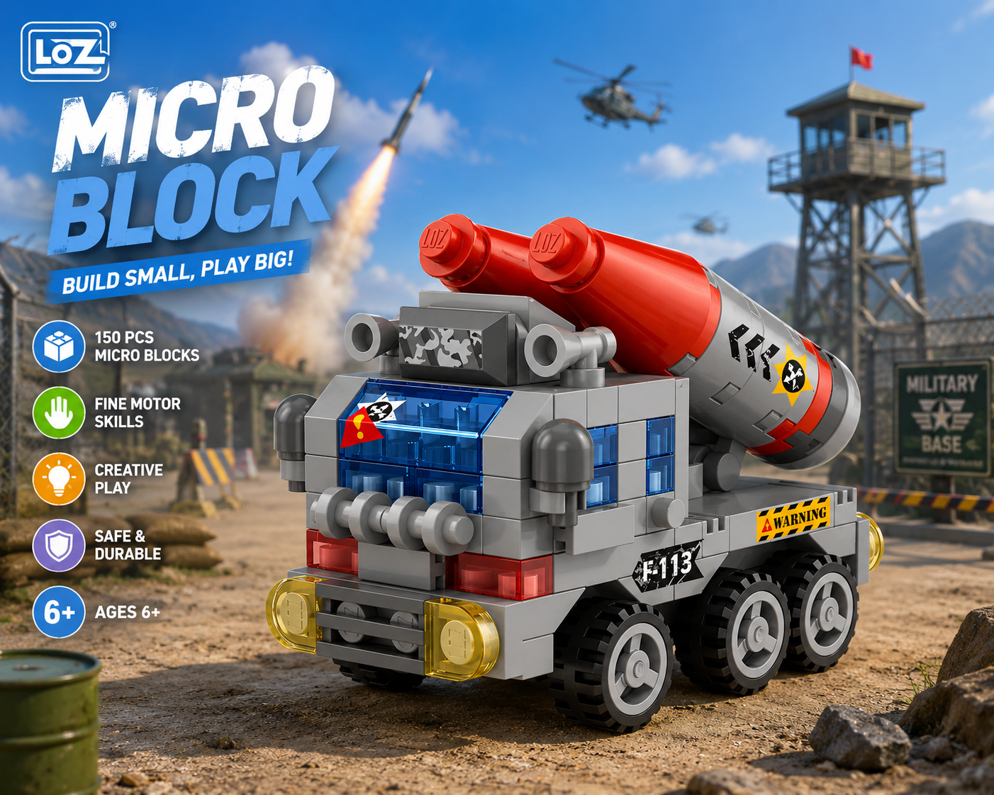 Jookids LOZ Rocket Launcher Truck Micro Building Blocks Set | 150 Pieces | Mini Military Vehicle STEM Toy for Kids Ages 6+