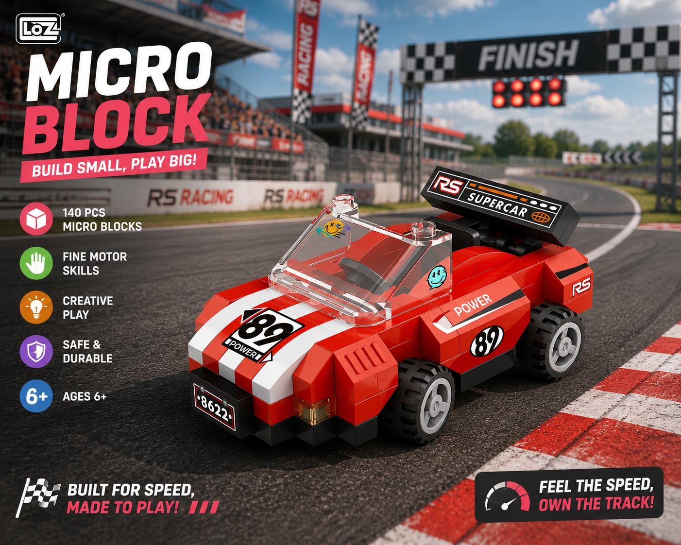 Jookids LOZ Racing Sports Car Micro Building Blocks Set | 140 Pieces | Mini Race Car STEM Construction Toy for Kids Ages 6+