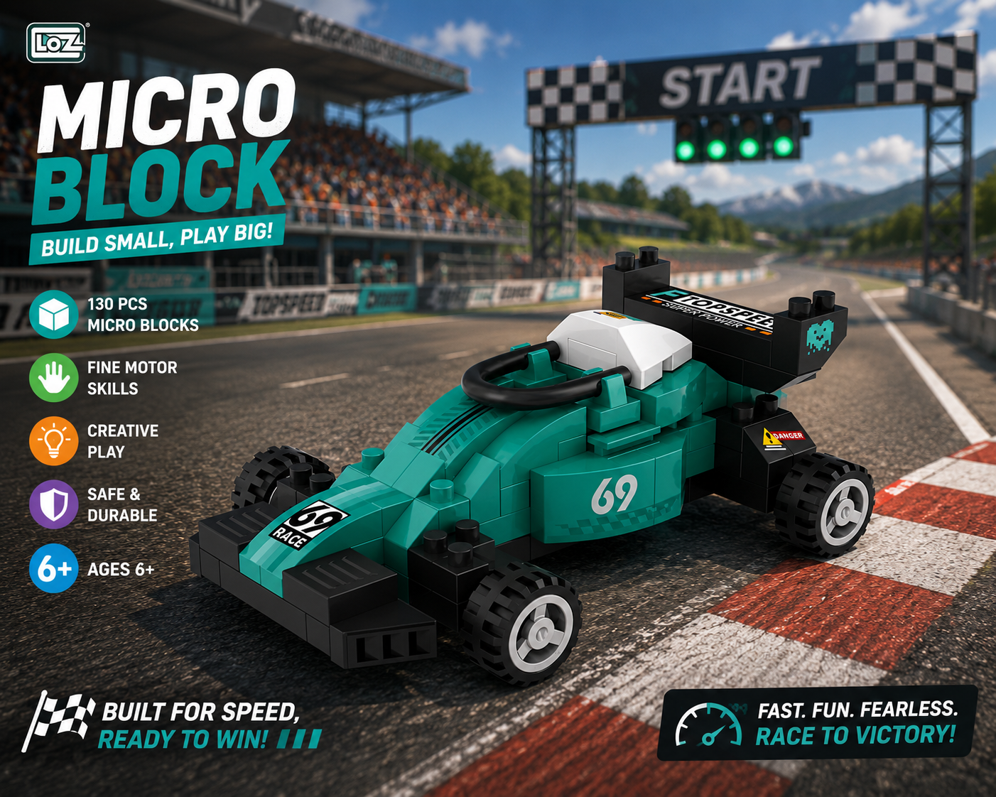 Jookids LOZ Formula Race Car Micro Building Blocks Set | 130 Pieces | Mini Racing Car STEM Construction Toy for Kids Ages 6+