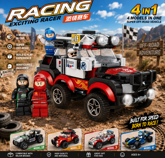Jookids 4-in-1 Off-Road Racing Vehicle Building Blocks Set | 4 Models in 1 | STEM Construction Toy with Driver Figures | Kids Ages 6+