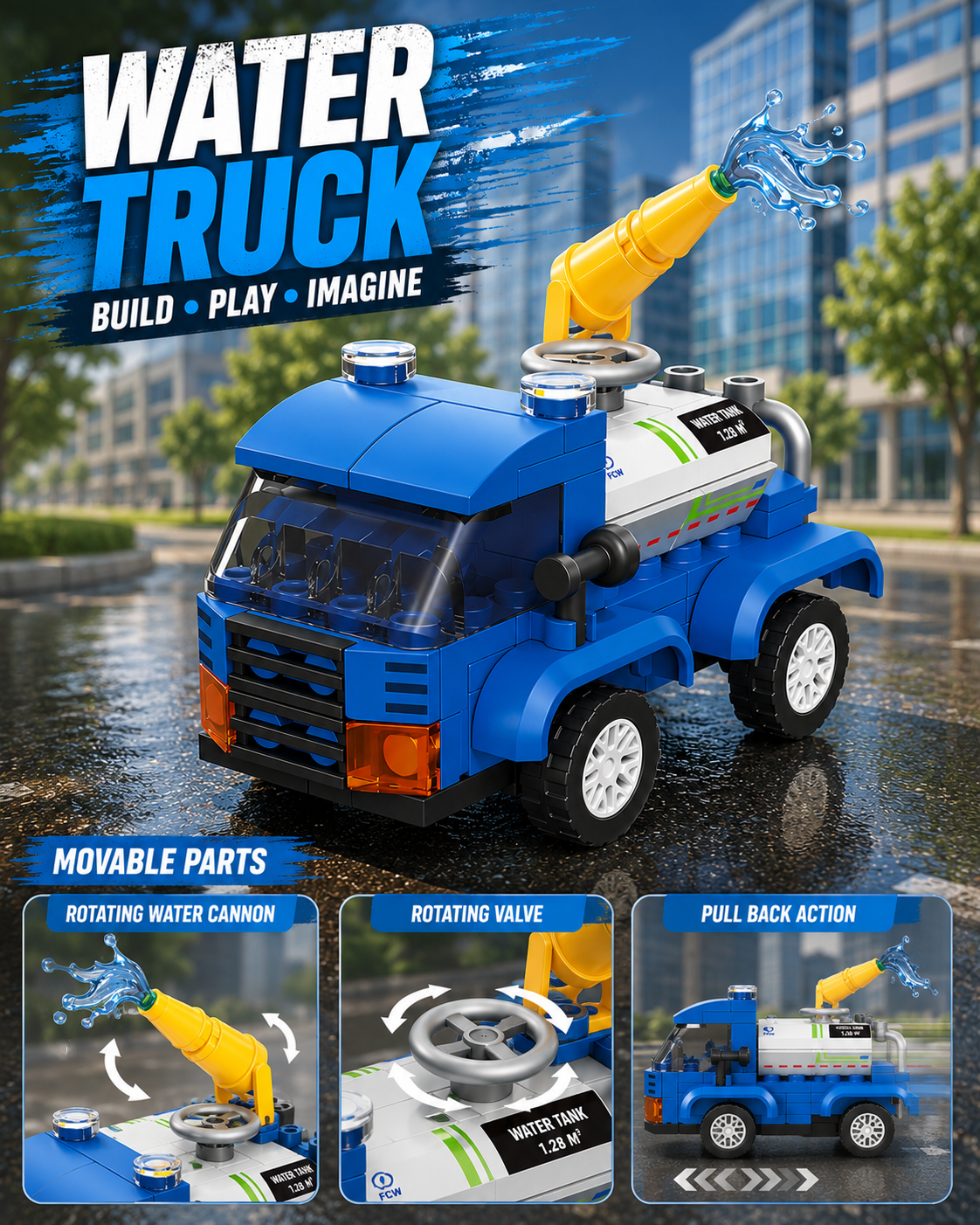 Jookids Pocket Block Water Truck Building Set – 90 Pieces Pull Back City Water Tanker Toy for Kids Ages 6+