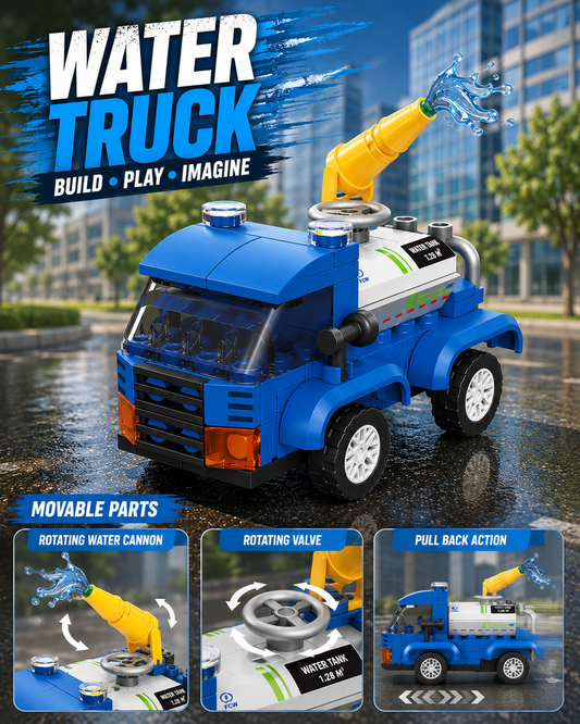 Jookids Pocket Block Water Truck Building Set – 90 Pieces Pull Back City Water Tanker Toy for Kids Ages 6+