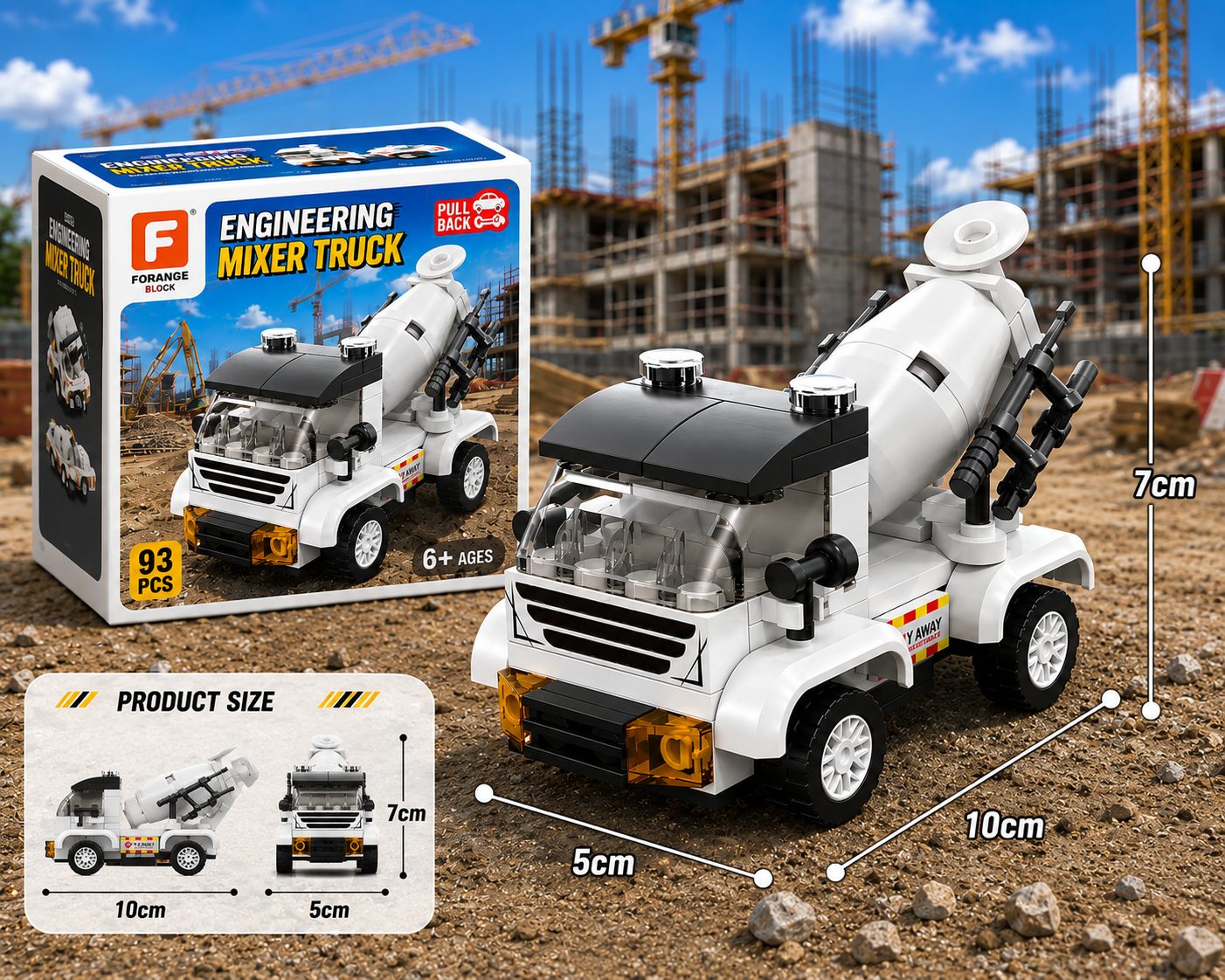 Jookids Pocket Block Cement Mixer Truck Building Set – 93 Pieces Pull Back Construction Vehicle Toy for Kids Ages 6+