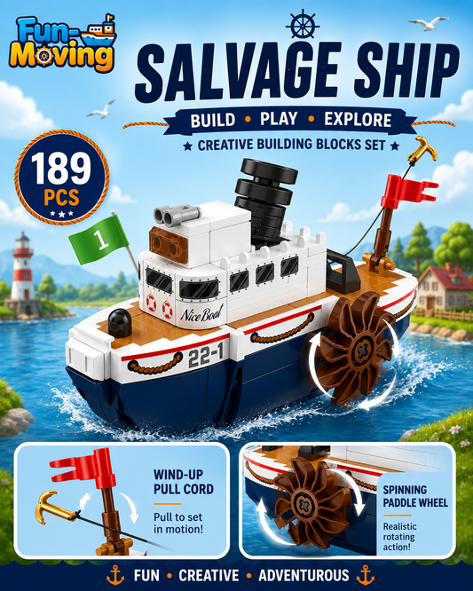 Jookids Fun-Moving Salvage Ship Building Blocks – 189 Pieces Paddle Steamer Boat Construction Set for Kids Ages 6+