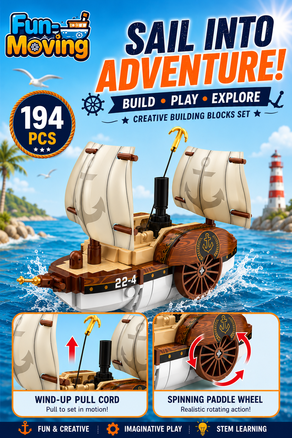 Jookids Fun-Moving Sailboat Building Blocks Set – 194 Pieces Wind-Up Paddle Wheel Ship Toy for Kids Ages 6+