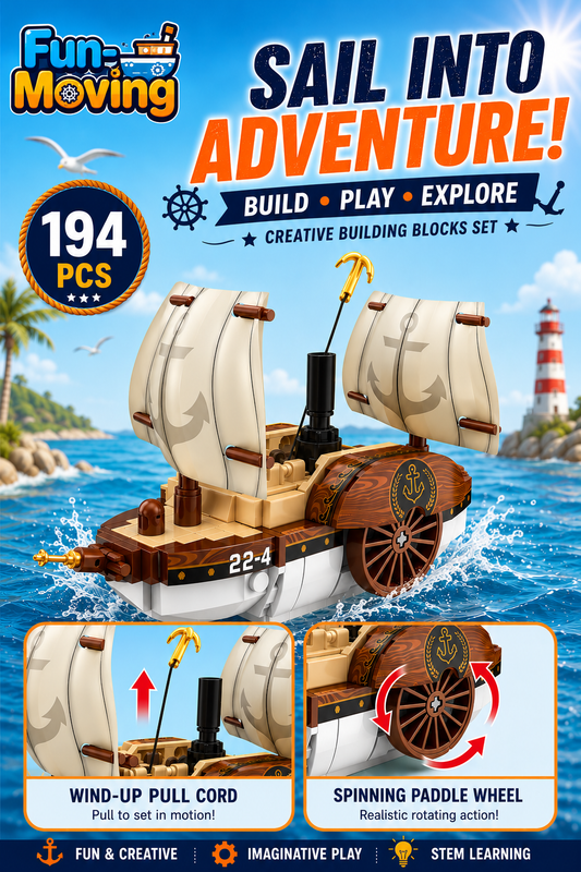 Jookids Fun-Moving Sailboat Building Blocks Set – 194 Pieces Wind-Up Paddle Wheel Ship Toy for Kids Ages 6+