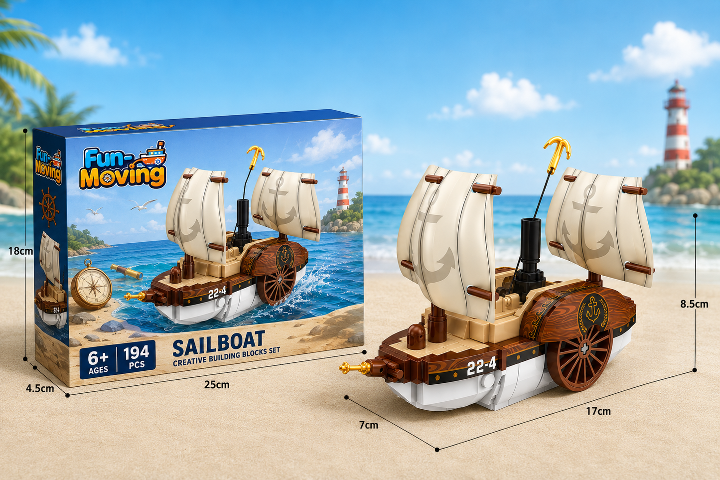 Jookids Fun-Moving Sailboat Building Blocks Set – 194 Pieces Wind-Up Paddle Wheel Ship Toy for Kids Ages 6+