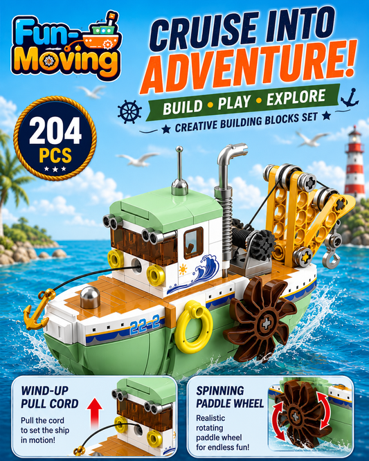 Jookids Fun-Moving Salvage Ship Building Blocks Set – 204 Pieces Wind-Up Paddle Wheel Construction Boat Toy for Kids Ages 6+