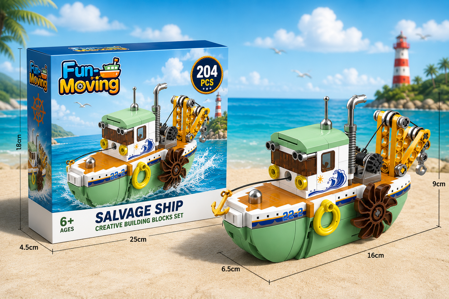 Jookids Fun-Moving Salvage Ship Building Blocks Set – 204 Pieces Wind-Up Paddle Wheel Construction Boat Toy for Kids Ages 6+