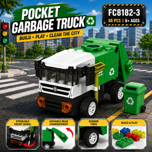 Jookids Pocket Block Garbage Truck Building Set – 88 Pieces Pull Back City Sanitation Truck Toy for Kids Ages 6+