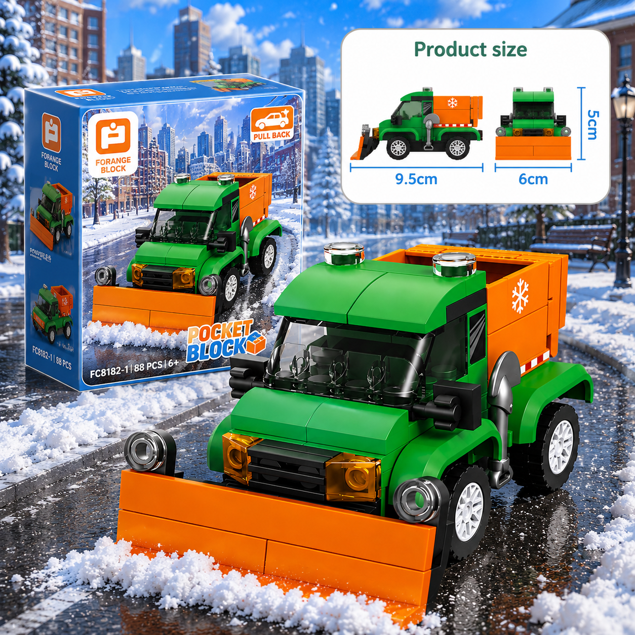Jookids Pocket Block Snow Plow Truck Building Set – 88 Pieces Pull Back Winter Service Vehicle Toy for Kids Ages 6+
