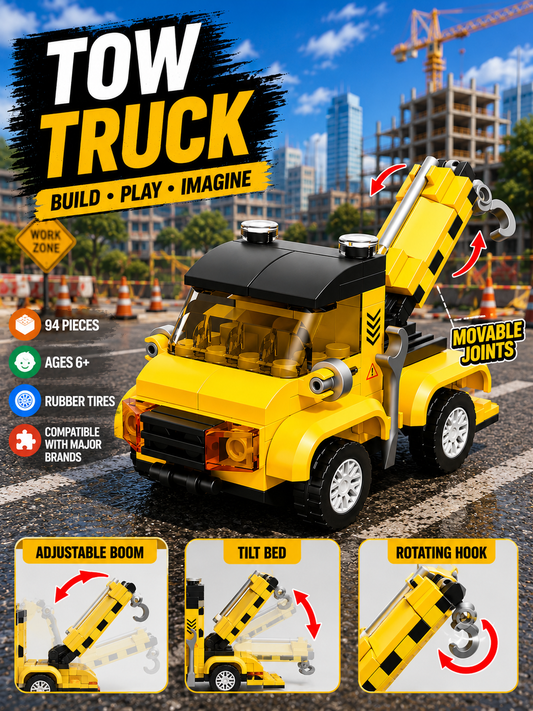 Jookids Pocket Block Tow Truck Building Set – 94 Pieces Pull Back Recovery Vehicle Toy for Kids Ages 6+