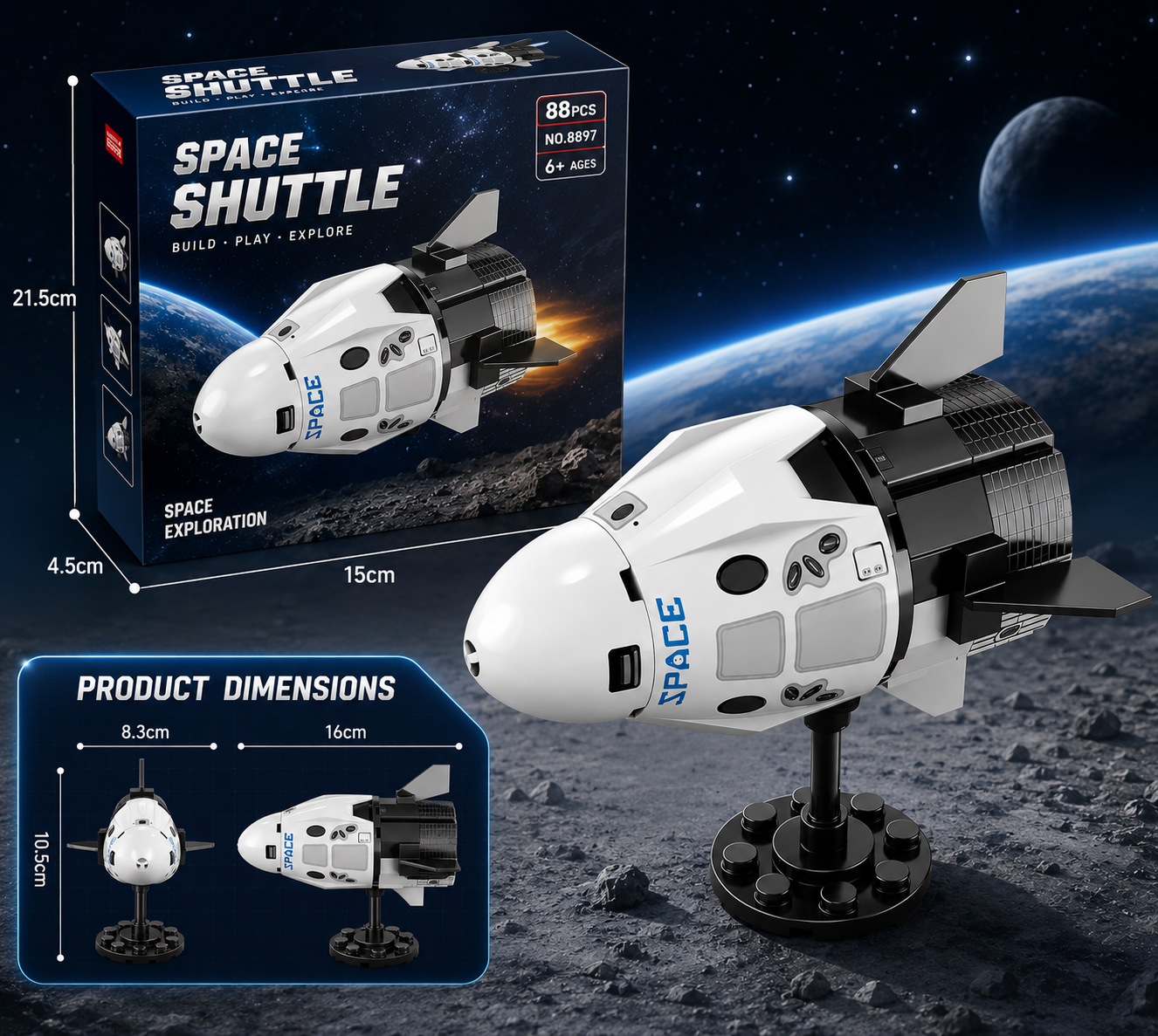Jookids Space Shuttle Building Blocks Set – 88 Pieces Spacecraft Construction Toy with Display Stand for Kids Ages 6+