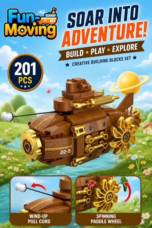 Jookids Fun-Moving Steampunk Submarine Building Blocks Set – 201 Pieces Wind-Up Paddle Wheel Toy for Kids Ages 6+