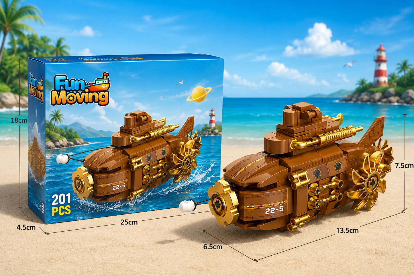 Jookids Fun-Moving Steampunk Submarine Building Blocks Set – 201 Pieces Wind-Up Paddle Wheel Toy for Kids Ages 6+