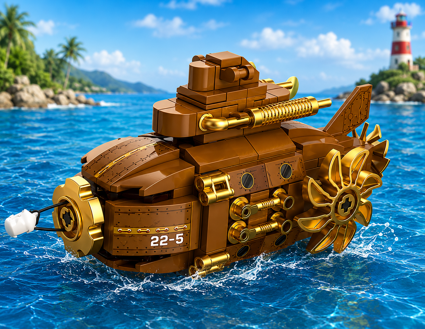 Jookids Fun-Moving Steampunk Submarine Building Blocks Set – 201 Pieces Wind-Up Paddle Wheel Toy for Kids Ages 6+