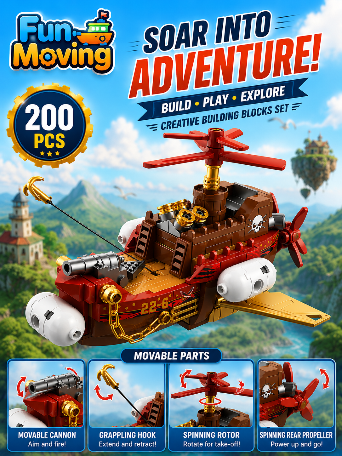 Jookids Fun-Moving Steampunk Airship Building Blocks Set – 200 Pieces Wind-Up Propeller Flying Ship Construction Toy for Kids Ages 6+