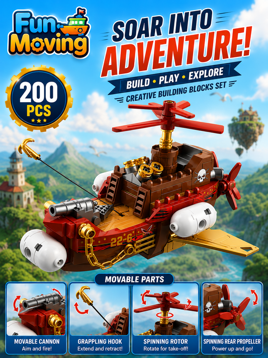 Jookids Fun-Moving Steampunk Airship Building Blocks Set – 200 Pieces Wind-Up Propeller Flying Ship Construction Toy for Kids Ages 6+
