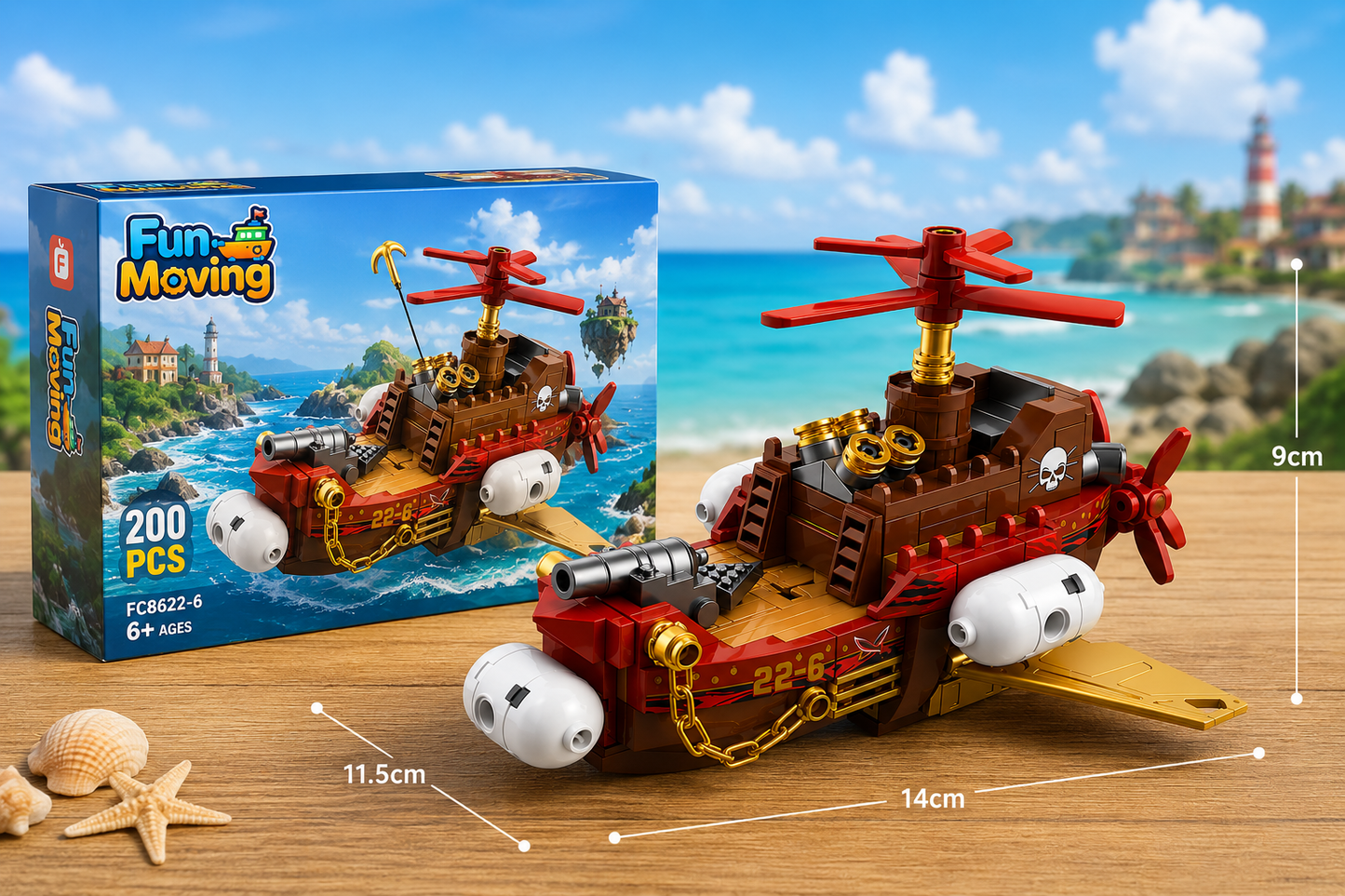 Jookids Fun-Moving Steampunk Airship Building Blocks Set – 200 Pieces Wind-Up Propeller Flying Ship Construction Toy for Kids Ages 6+