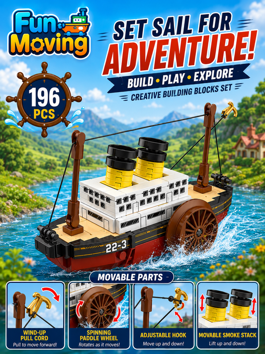 Jookids Fun-Moving Paddle Steamer Building Blocks Set – 196 Pieces Wind-Up Cruise Ship Construction Toy for Kids Ages 6+