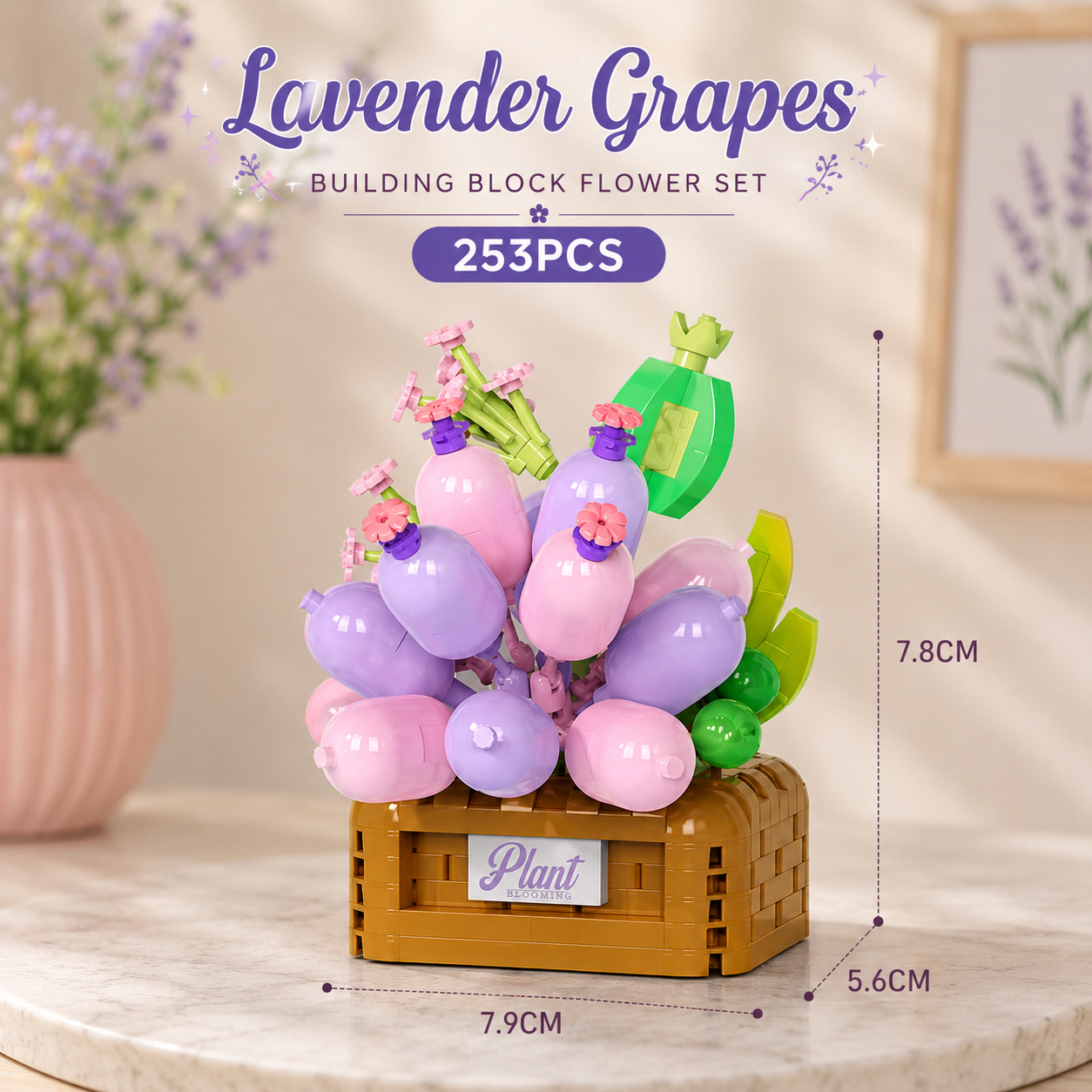 Jookids Lavender Grapes Building Blocks Set – 253 Pieces | DIY Mini Flower Pot | Decorative Brick Plant | Ages 6+