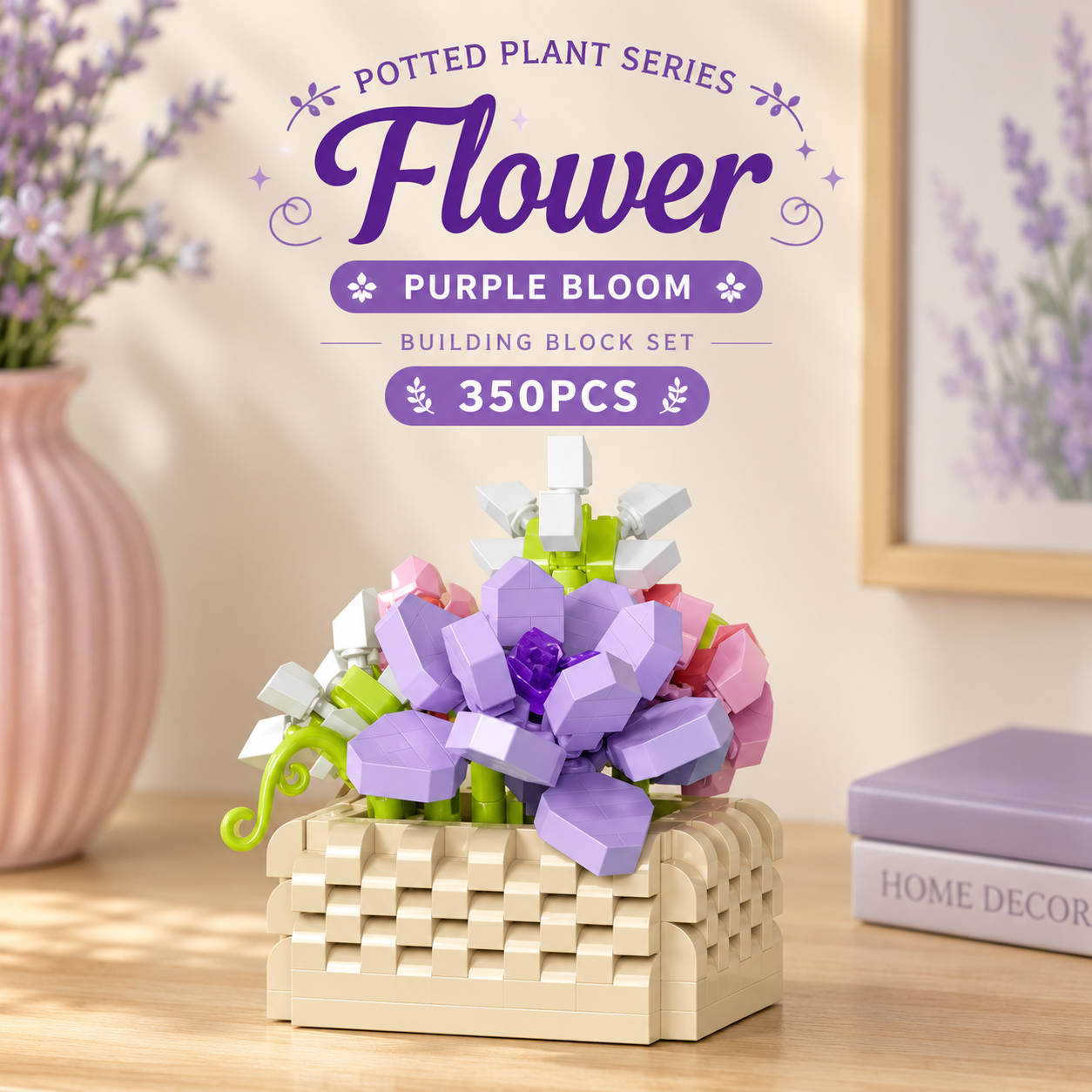 Jookds Purple Bloom Building Blocks Set – 350 Pieces | DIY Flower Pot Construction Kit | Decorative Brick Plant | Ages 6+