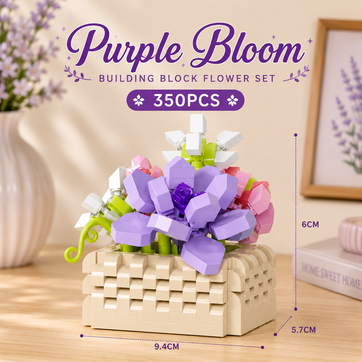Jookds Purple Bloom Building Blocks Set – 350 Pieces | DIY Flower Pot Construction Kit | Decorative Brick Plant | Ages 6+