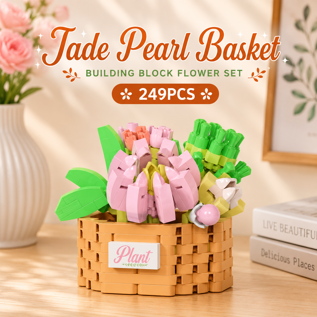 Jookids Jade Pearl Basket Building Blocks Set – 249 Pieces | DIY Mini Flower Pot | Decorative Brick Plant | Ages 6+