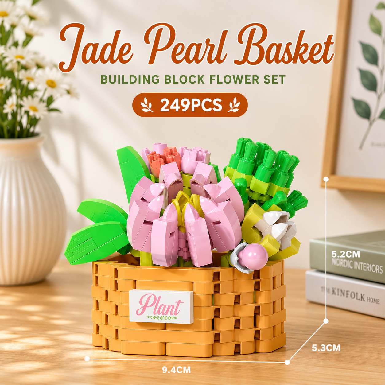 Jookids Jade Pearl Basket Building Blocks Set – 249 Pieces | DIY Mini Flower Pot | Decorative Brick Plant | Ages 6+