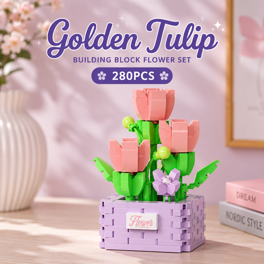 Jookids Golden Tulip Building Blocks Flower Pot – 280 Pieces | DIY Decorative Brick Plant | Mini Display Set | Ages 6+