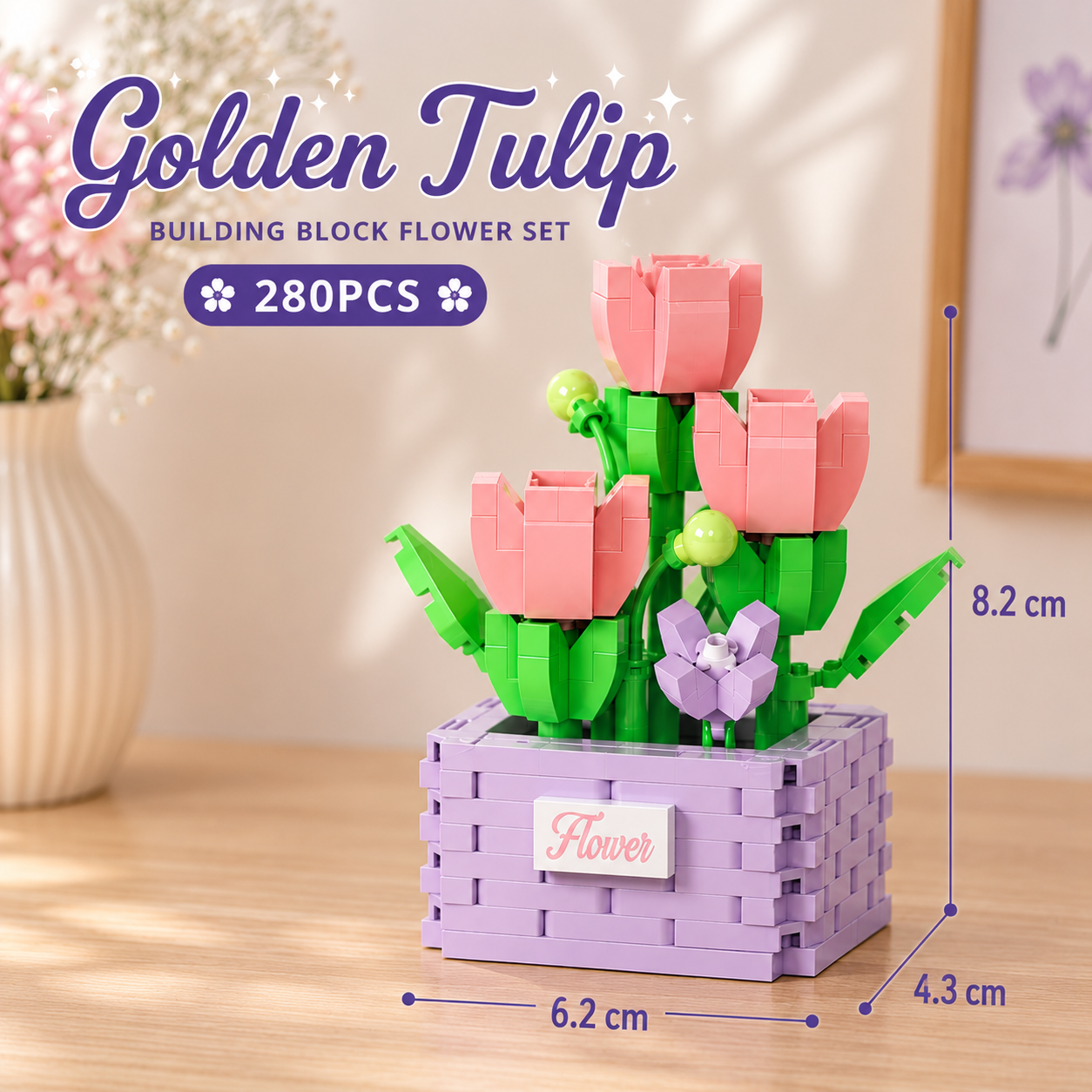Jookids Golden Tulip Building Blocks Flower Pot – 280 Pieces | DIY Decorative Brick Plant | Mini Display Set | Ages 6+