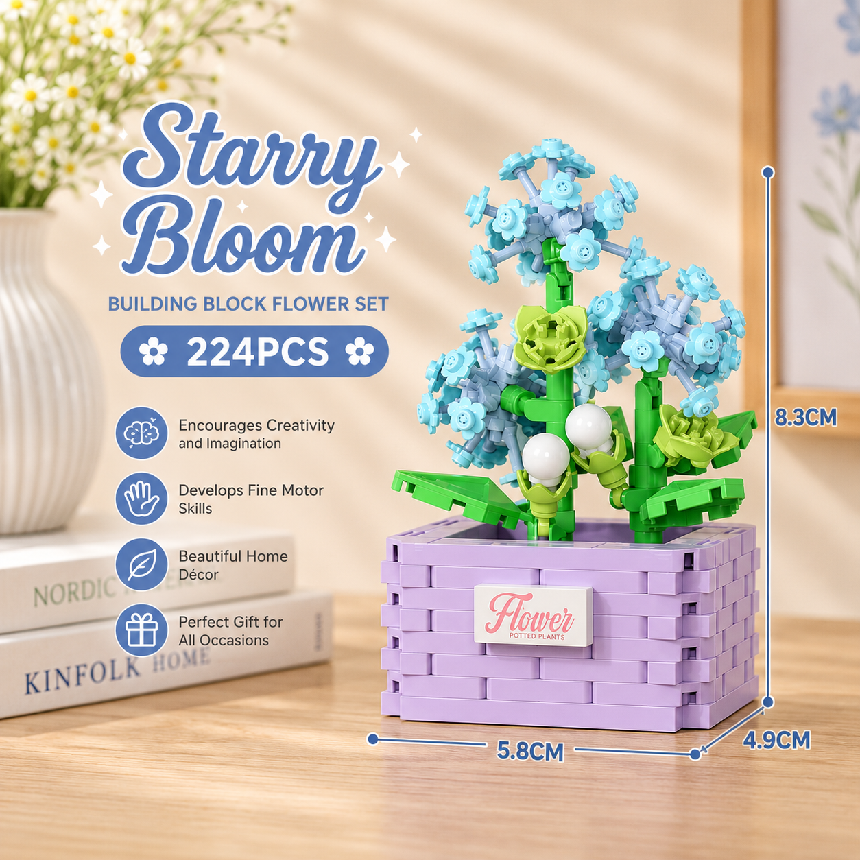 Jookids Starry Bloom Building Blocks Flower Pot – 224 Pieces | DIY Decorative Brick Plant | Mini Display Set | Ages 6+