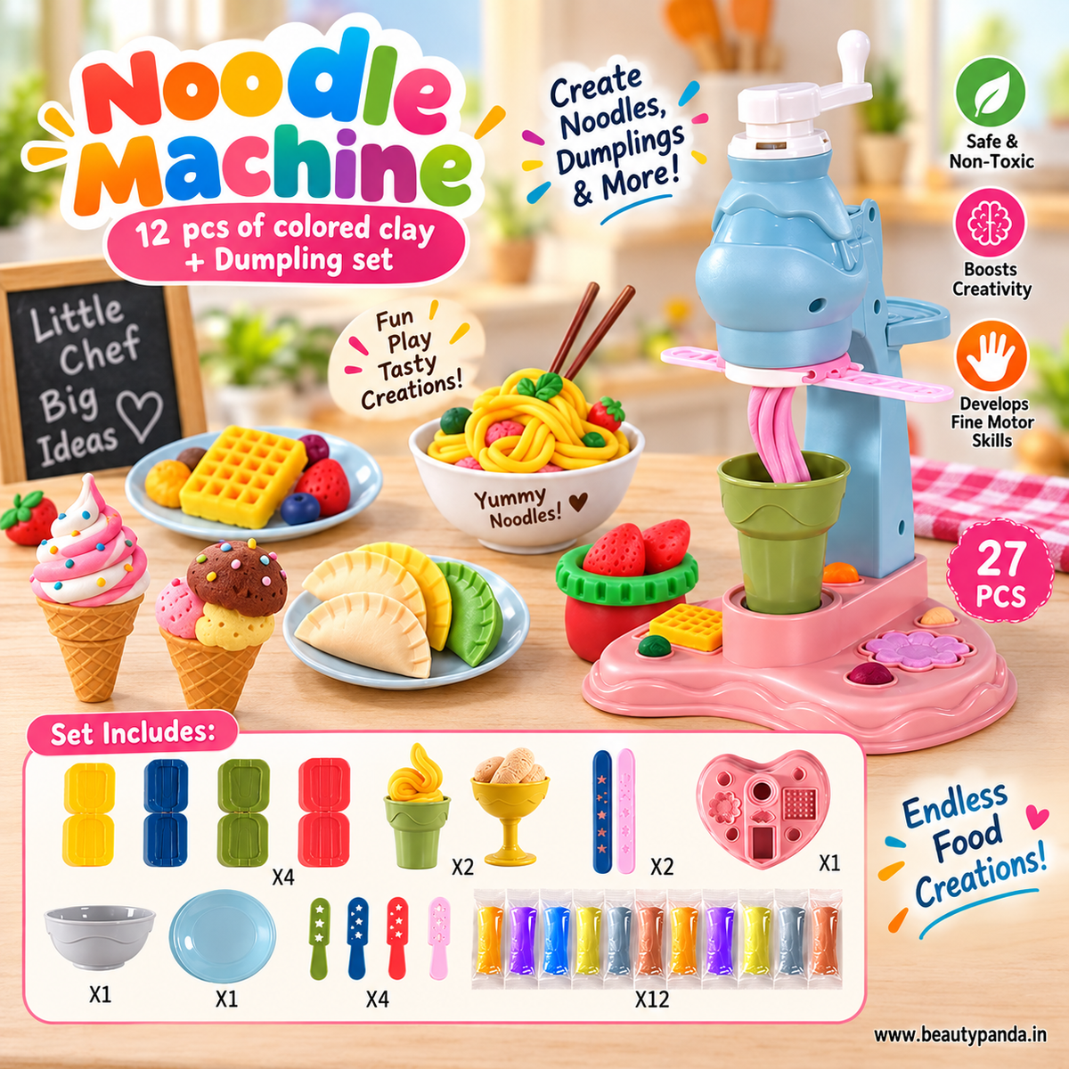 Jookids Noodle & Ice Cream Making Machine Clay Play Set – DIY Noodles, Dumplings & Dessert Pretend Play Toy for Kids