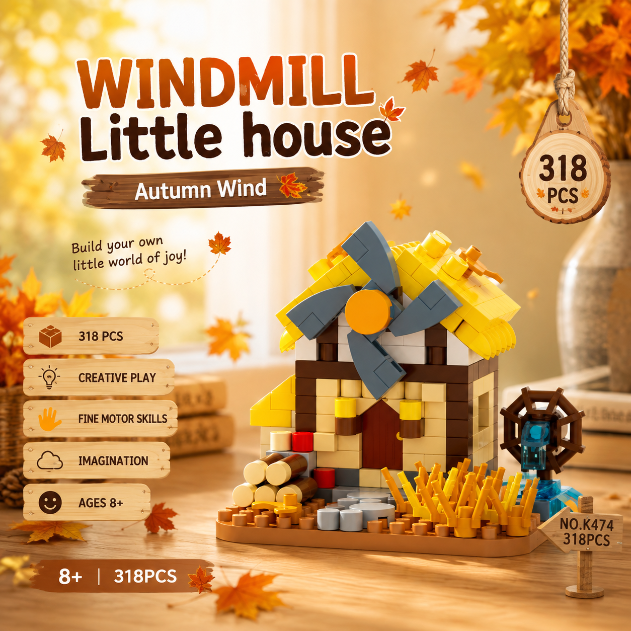 Jookids Windmill Little House Building Blocks – 318 Pcs Autumn Wind Cottage Building Set for Kids 8+