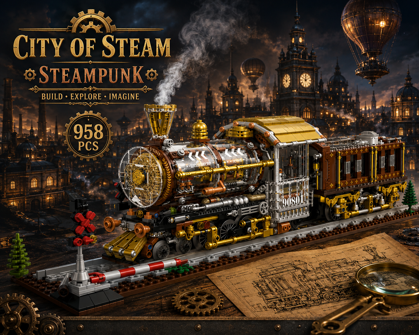 Jookids City of Steam Steampunk Train Building Blocks Set – 958 PCS Mechanical Locomotive Construction Toy