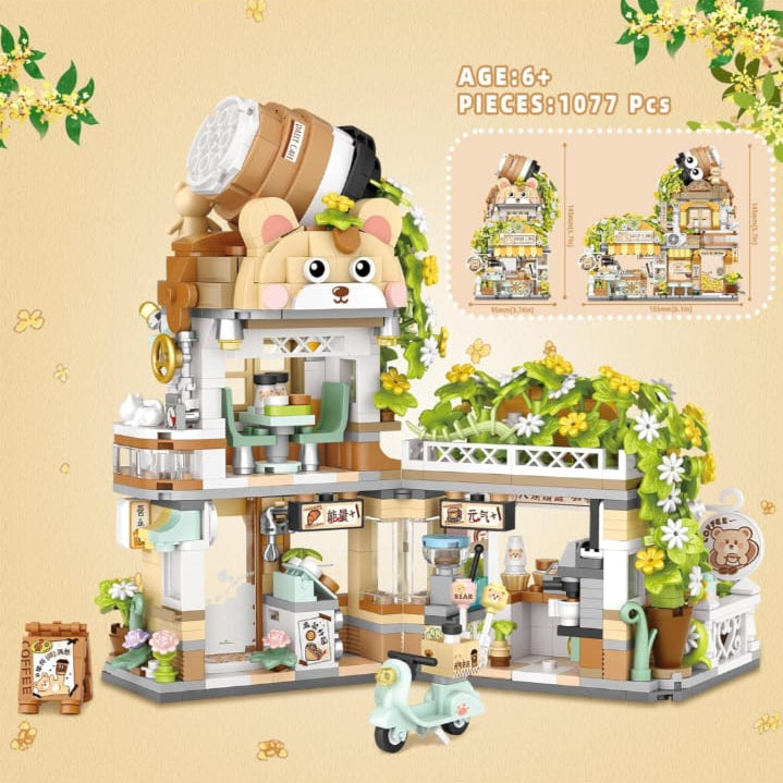 "Miniature Café Building Blocks Toy with Cute Animals"

