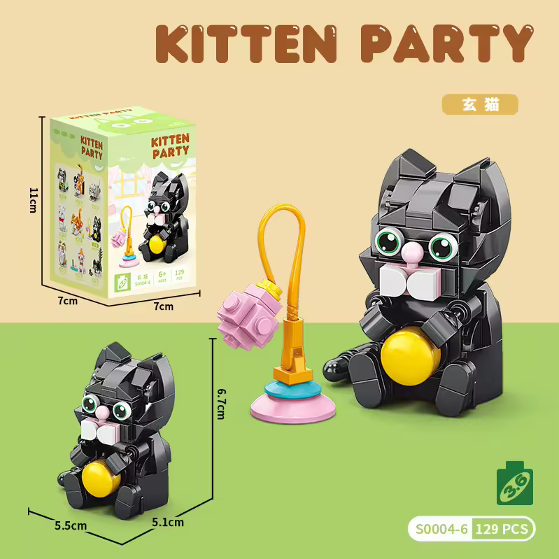JooKids Kitten Party Black Cat Building Blocks – 129 Pcs Creative Construction Toy for Kids