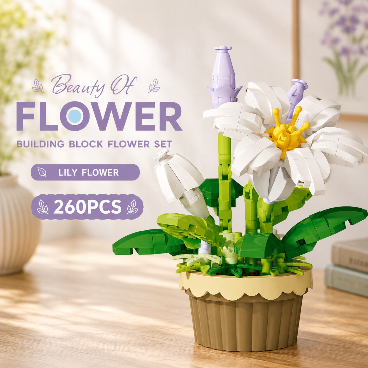 Jookids White Lily Building Blocks Flower Pot – 260 Pieces | DIY Decorative Brick Plant | Mini Display Set | Ages 6+