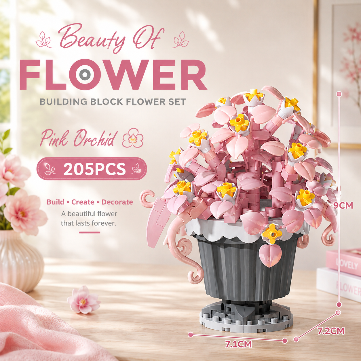 Jookids Pink Orchid Building Blocks Flower Pot – 205 Pieces | DIY Decorative Brick Plant | Mini Display Set | Ages 6+