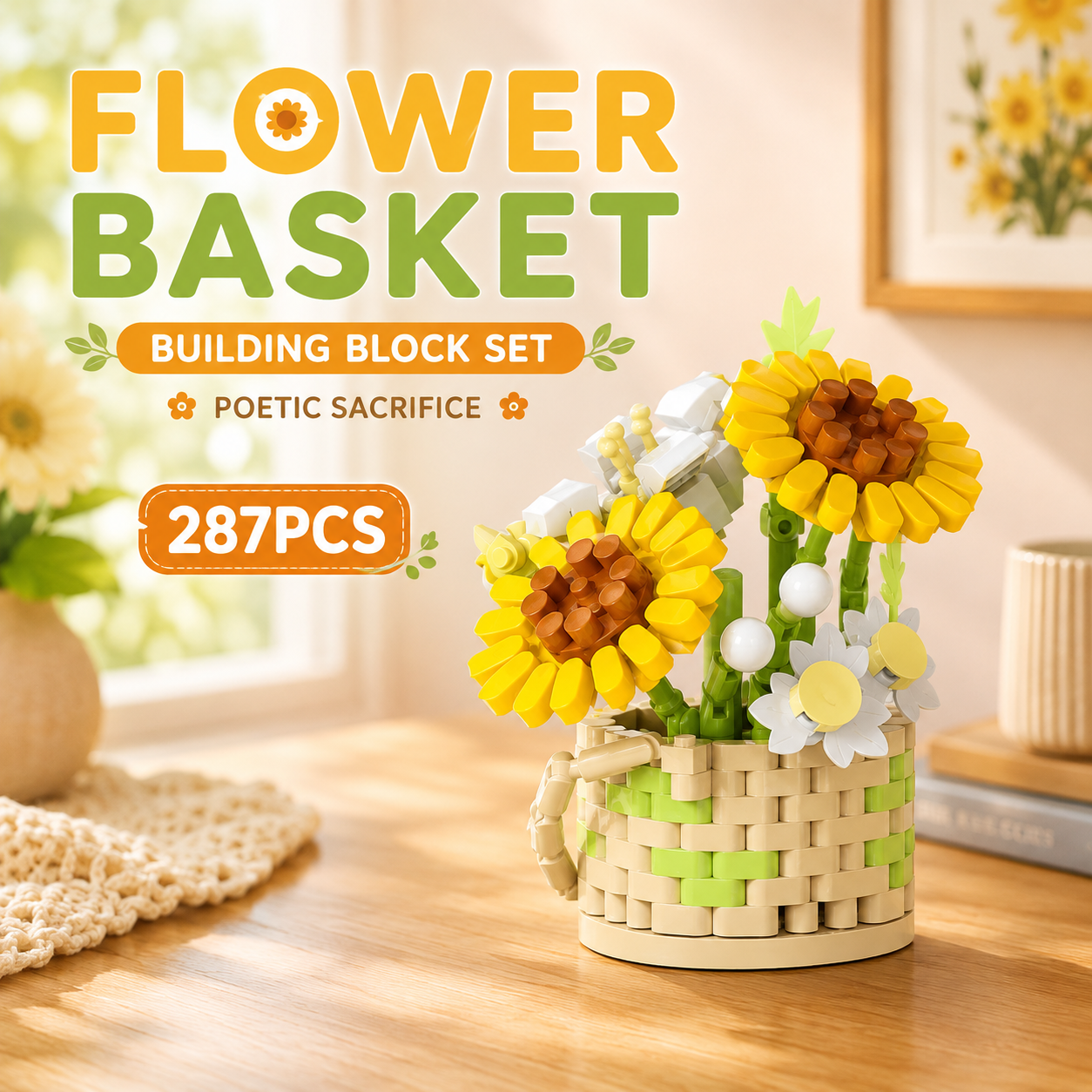 Jookids Poetic Sunflower Flower Basket Building Blocks – 287 Pieces | DIY Decorative Brick Flower Basket | Mini Display Set | Ages 6+