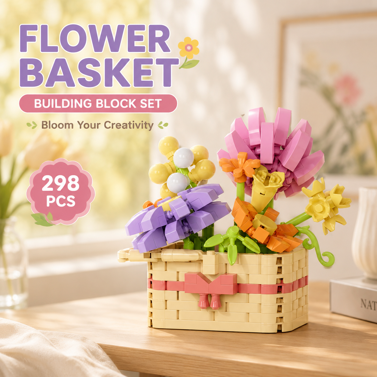Jookids Spring Bloom Flower Basket Building Blocks – 298 Pieces | DIY Decorative Brick Flower Basket | Mini Display Set | Ages 6+