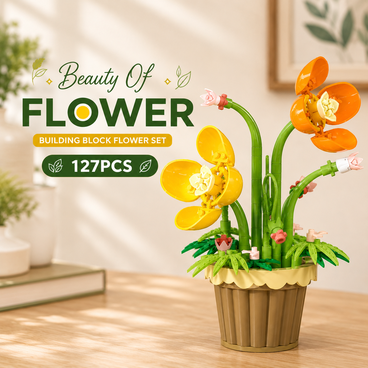 Jookids Lady's Slipper Orchid Building Blocks Flower Pot – 127 Pieces | DIY Decorative Brick Plant | Mini Display Set | Ages 6+