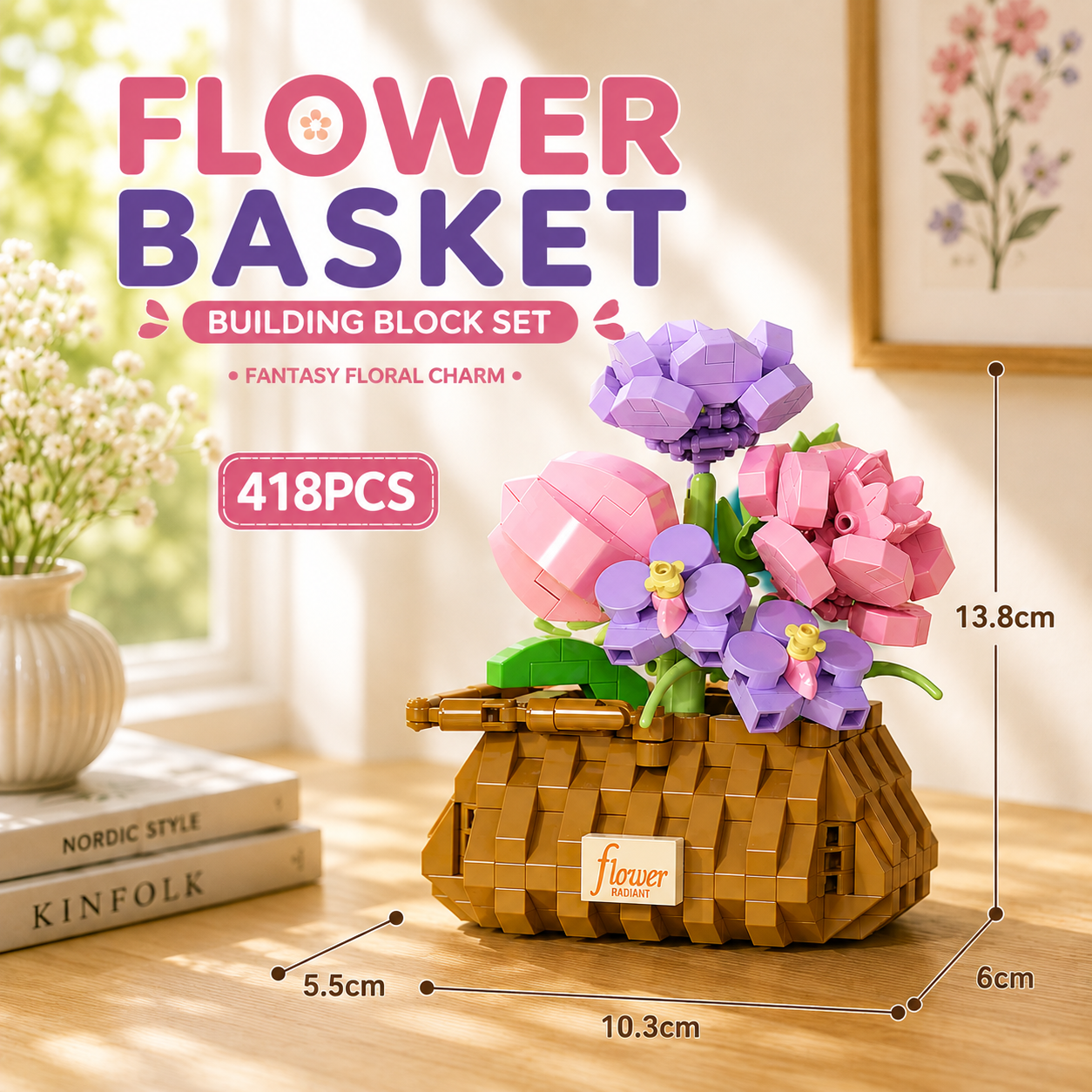 Jookids Fantasy Floral Charm Building Blocks – 418 Pieces | DIY Flower Basket Brick Set | Decorative Home Display | Ages 6+