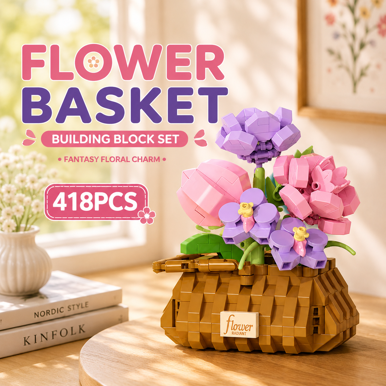 Jookids Fantasy Floral Charm Building Blocks – 418 Pieces | DIY Flower Basket Brick Set | Decorative Home Display | Ages 6+