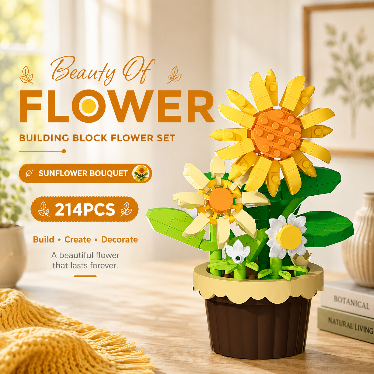 Jookids Sunflower Building Blocks Flower Pot – 214 Pieces | DIY Decorative Brick Plant | Mini Display Set | Ages 6+